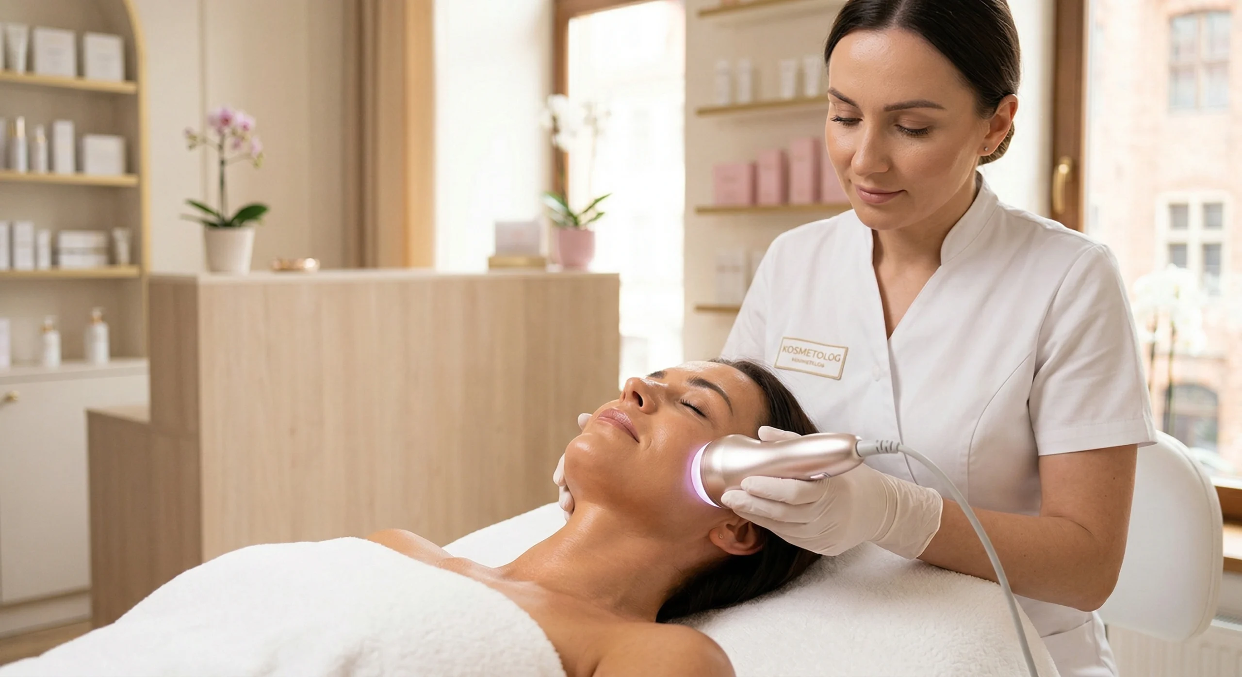 Zabieg mezoterapii bezigłowej twarzy wykonywany przez doświadczonego kosmetologa w jasnym salonie kosmetycznym