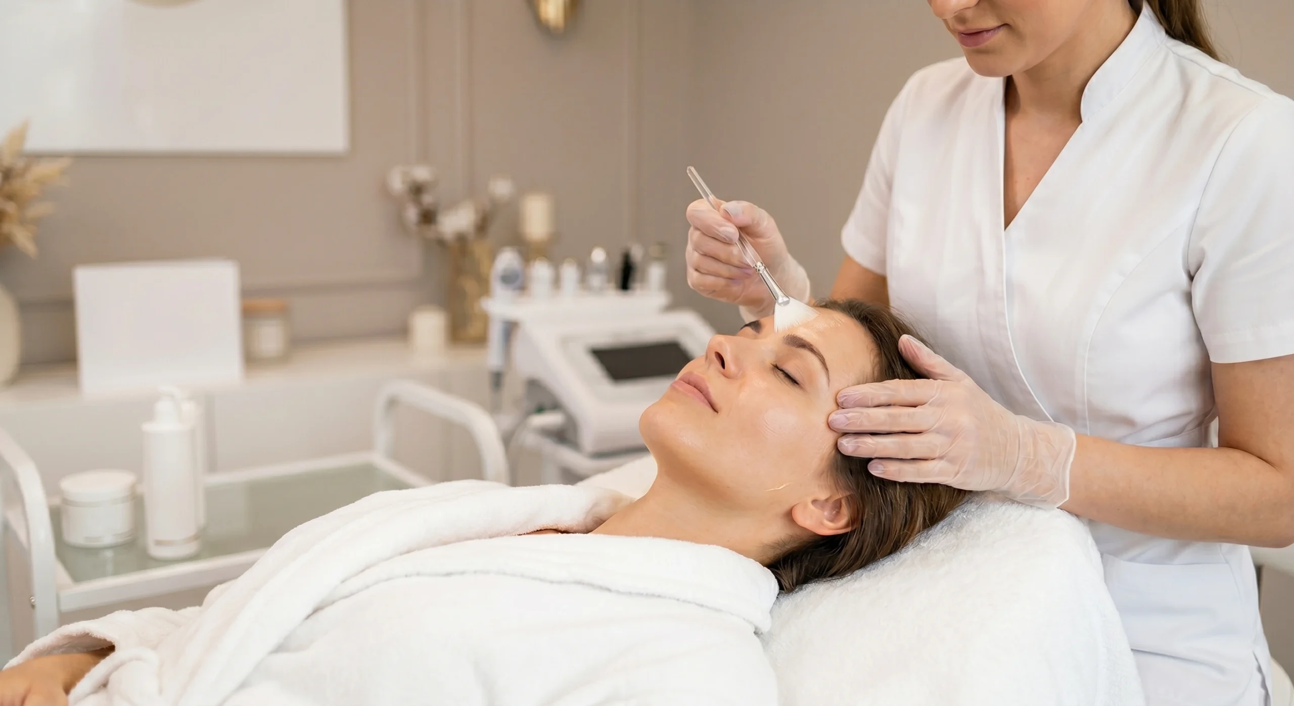 Kosmetolog wykonuje profesjonalny peeling chemiczny, delikatnie nakładając kwasy pędzelkiem na twarz zrelaksowanej klientki w eleganckim salonie beauty.