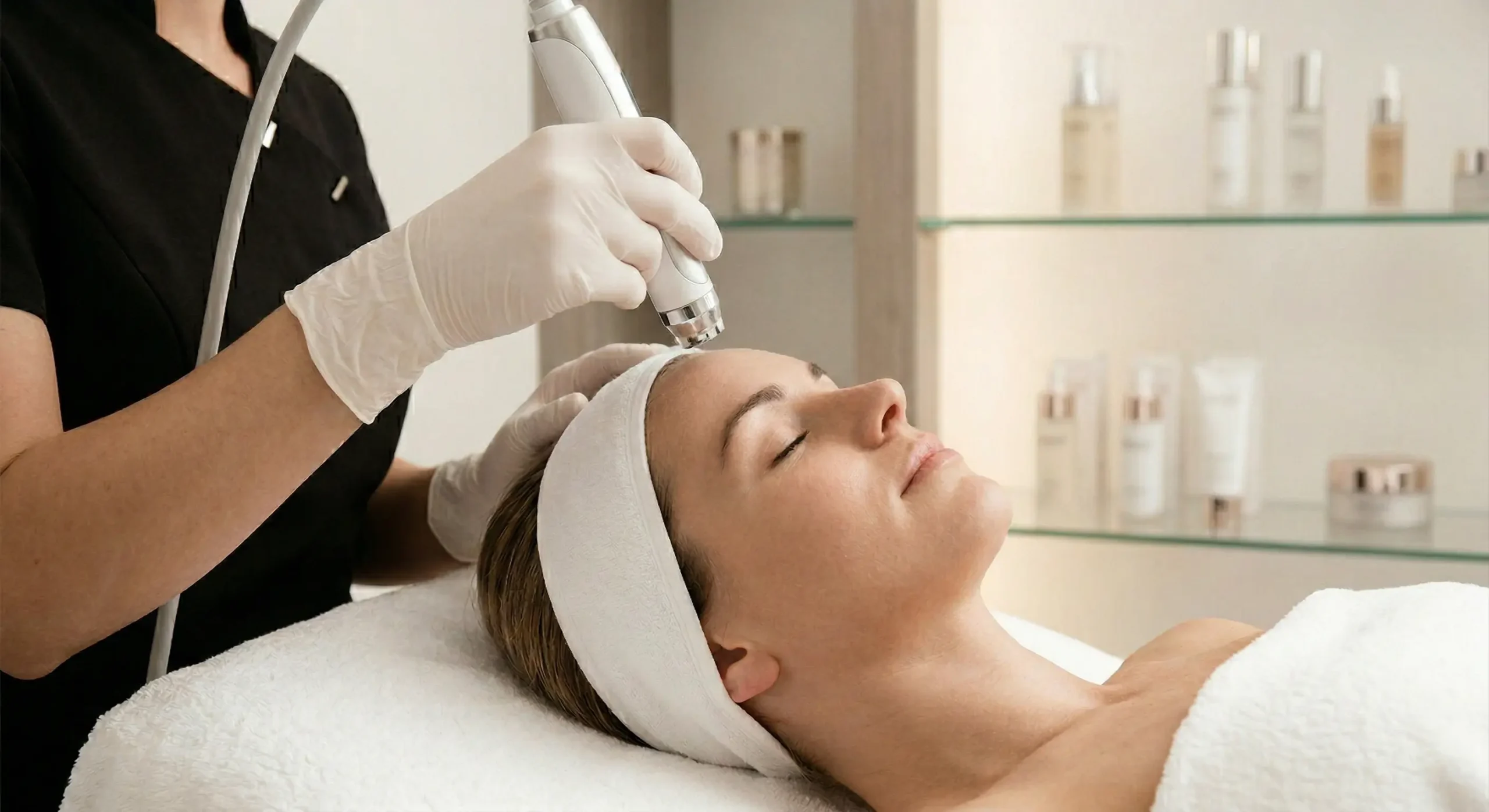 Profesjonalny zabieg oczyszczania twarzy wodorem w luksusowym salonie.