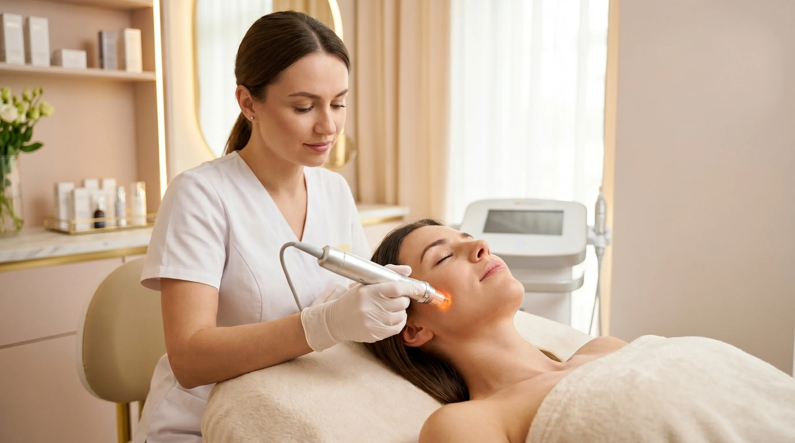Kosmetolog wykonuje zabieg radiofrekwencji mikroigłowej na twarzy klientki w nowoczesnym salonie beauty